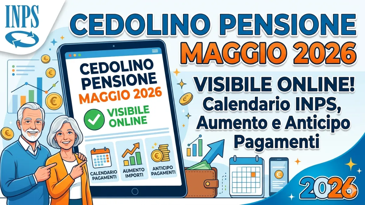 Visibile online Cedolino Pensione di Maggio 2026 calendario INPS aumento e anticipo dei pagamenti converted from png