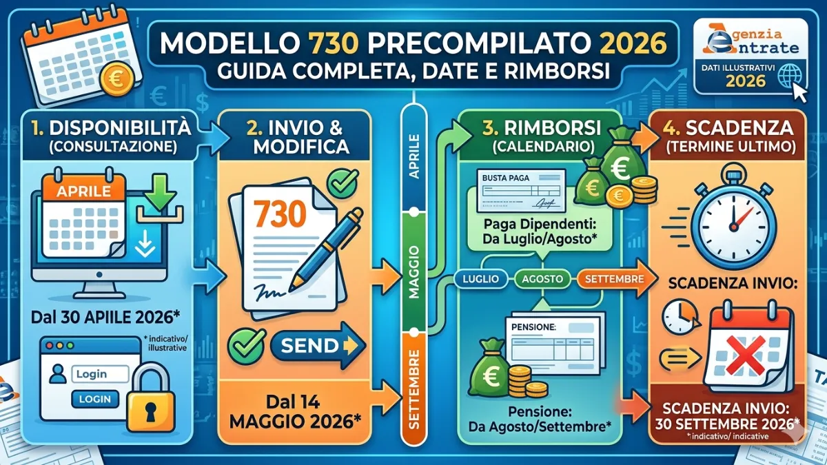 Modello 730 precompilato 2026: disponibilità, date e calendario rimborsi, scadenza
